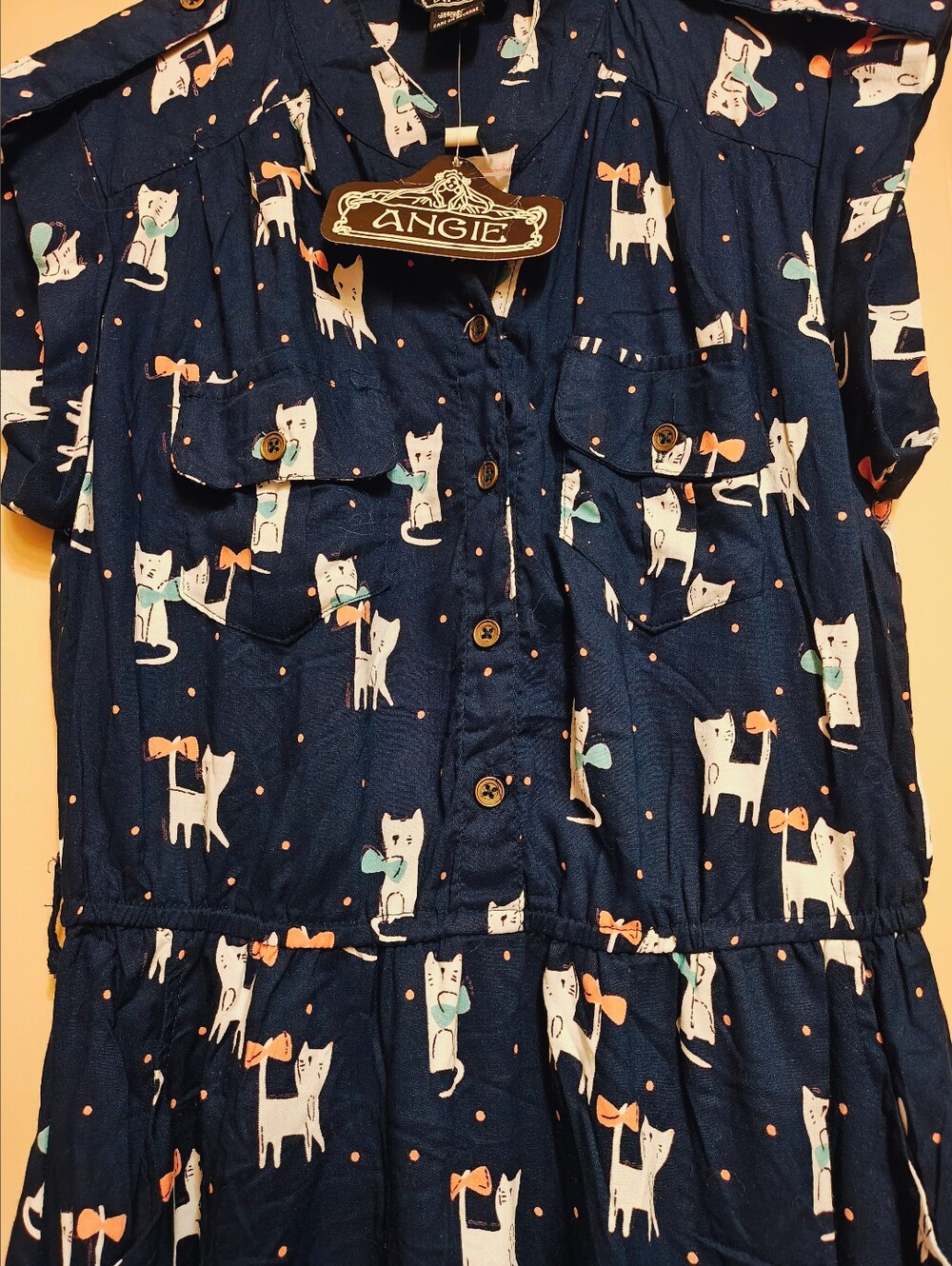 NWT ANGIE Navy cat print mini dress button front elastic Waist Sz M - Picture 4 of 9